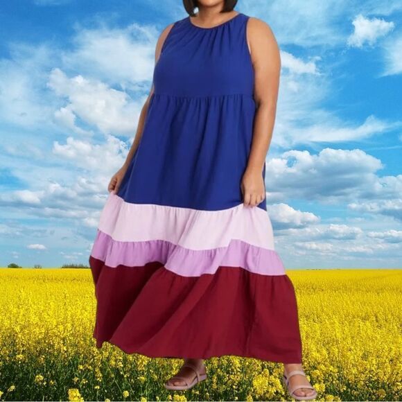 AVA & VIV Colorblock Sleeveless Tiered Maxi Dress X - Picture 1 of 9